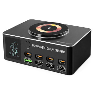 POWERTECH σταθμός φόρτισης PT-1625 με οθόνη, 4x USB/4x USB-C/wireless, 140W, μαύρος | Αξεσουάρ κινητών | elabstore.gr