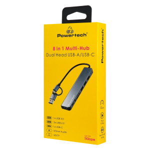POWERTECH USB hub PTR-0205 με card reader, 8 θυρών, USB & USB-C σύνδεση, γκρι | Συνοδευτικά PC | elabstore.gr