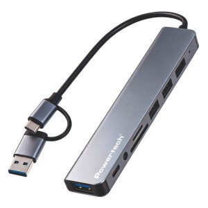 POWERTECH USB hub PTR-0205 με card reader, 8 θυρών, USB & USB-C σύνδεση, γκρι | Συνοδευτικά PC | elabstore.gr